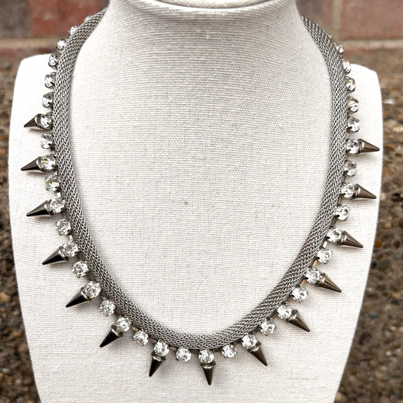 Graziano Jewelry - Graziano Silver Tone Mesh w/ Clear Rhinestone & Spikes Necklace Goth Biker Edgy